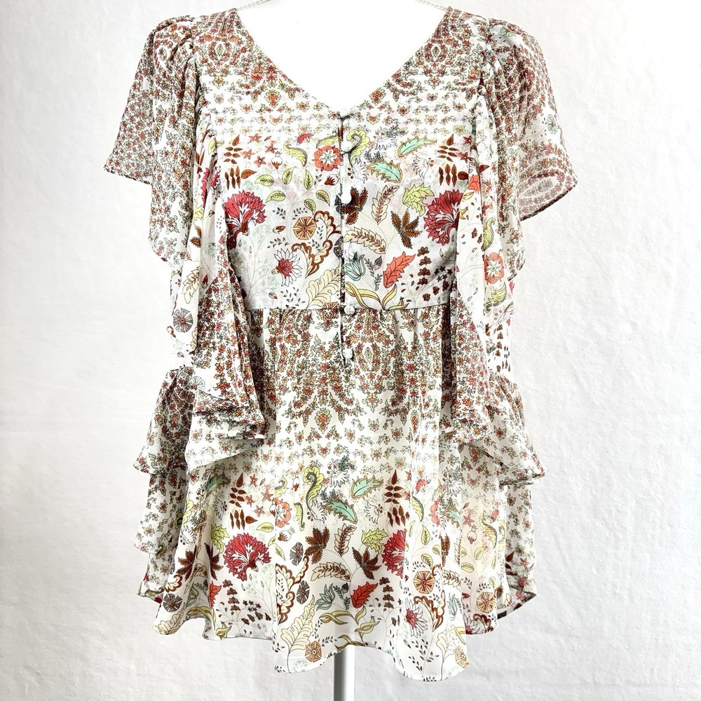 Matilda Jane Floral Fly By Short Sleeve Ruffle Blouse Top Ivory Boho Fairy Small
